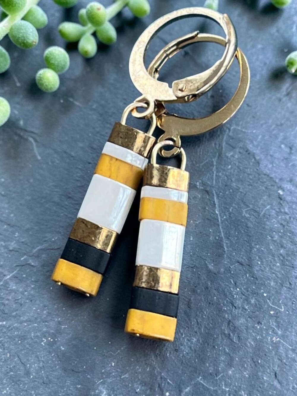 Modern Tila Bead Dangle Earrings | Yellow White Black | Minimalist